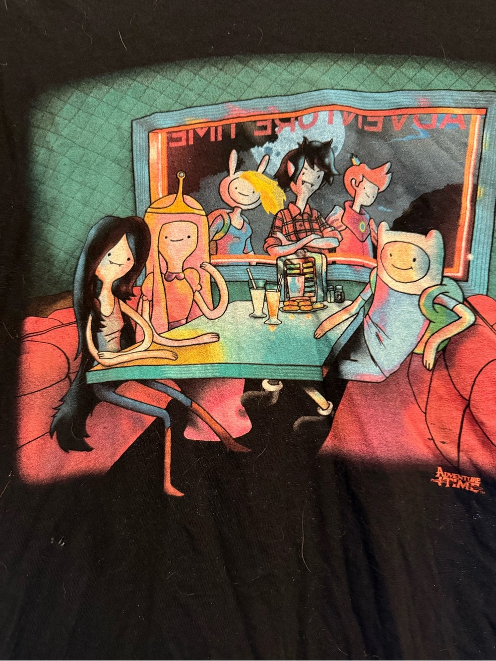 Adventure Time Black Graphic Tee - Cartoon Character Diner Print